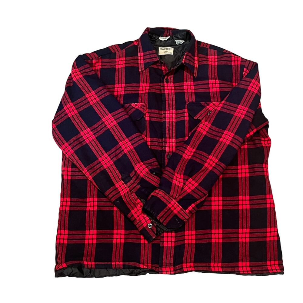 Vintage Oakton Ltd Red Black Plaid Flannel Shirt Jacket Size L Quilted